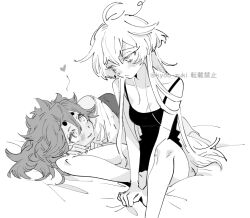 2girls blush breasts camisole cleavage closed_mouth commentary_request greyscale gundam gundam_suisei_no_majo hand_on_another&#039;s_thigh heart kyou_zuki long_hair looking_at_another medium_breasts miorine_rembran monochrome multiple_girls on_bed sitting smile suletta_mercury thick_eyebrows twitter_username yuri