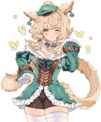 1girl absurdres animal_ears black_skirt blue_eyes breasts brown_hair cat_ears cat_girl cat_tail cleavage earrings facial_mark fairy final_fantasy final_fantasy_xiv green_hat green_nails green_shirt hat highres jewelry looking_at_viewer miqo&#039;te one_eye_closed scholar_(final_fantasy) shirt sidelocks skindentation skirt tail tamagodyooo thighhighs warrior_of_light_(ff14) whisker_markings white_background white_thighhighs