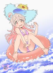 Rule 34 | 1girl, absurdres, ahoge, bare arms, bare legs, bare shoulders, barefoot, bikini, braid, breasts, brown eyes, commentary request, feet, flower, frilled bikini, frills, full body, grey hair, hair between eyes, hat, hat flower, highres, innertube, multicolored hair, onii-chan wa oshimai!, open mouth, oyama mahiro, pink bikini, pink hair, robomito, side braid, single braid, small breasts, soles, solo, straw hat, sun hat, swim ring, swimsuit, toes, two-tone hair, water