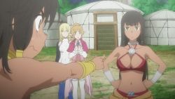 10s 4girls :c :o aiz_wallenstein amazon_warrior angry animated animated_gif bare_arms bare_shoulders bikini bikini_top_only black_gloves blonde_hair blue_eyes blush boots bouncing_breasts bracelet bracer breast_envy breasts capelet cleavage clenched_hands closed_mouth collarbone collared_shirt dark-skinned_female dark_skin dress dungeon_ni_deai_wo_motomeru_no_wa_machigatteiru_darou_ka elbow_gloves elf expressionless eye_contact field friends frown gloves hair_ornament hair_tubes hands_on_own_hips hands_together index_finger_raised jewelry large_breasts lefiya_viridis long_hair long_sleeves looking_at_another medium_breasts midriff multiple_girls navel neck neck_ring open_mouth orange_hair outdoors pointing pointy_ears ponytail purple_capelet red_bikini red_capelet revealing_clothes serious shirt short_dress short_hair siblings sisters sleeveless sleeveless_turtleneck standing surprised sweatdrop swimsuit sword_oratoria talking tent tiona_hyryute tione_hyryute tree turtleneck twins white_dress white_footwear white_shirt yellow_eyes