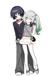1boy 1girl 52601i alternate_costume alternate_height arm_around_shoulder arm_at_side baggy_pants behind_another black_bag black_eyes black_hair black_shirt black_sleeves blunt_ends blush bright_pupils casual cheek_press closed_mouth colored_eyelashes colored_tips contemporary cross-laced_shoes cross-shaped_pupils eyelashes genshin_impact grabbing_from_behind green_eyes green_hair green_nails grey_pants grey_shirt grey_sleeves hair_ornament hair_tie hairclip hand_on_another&#039;s_arm hand_on_another&#039;s_cheek hand_on_another&#039;s_face highres long_hair long_sleeves midriff_peek multicolored_hair nahida_(genshin_impact) navel one_eye_closed pants scaramouche_(genshin_impact) shirt shoes side_ponytail sidelocks sketch skirt sneakers socks standing stuffed_animal stuffed_toy symbol-shaped_pupils tareme teddy_bear tongue tongue_out white_background white_eyelashes white_hair white_pupils white_shoes white_skirt white_socks