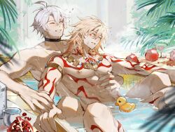 Rule 34 | 2boys, abs, antenna hair, arm tattoo, armlet, bathtub, black choker, blonde hair, braid, chest tattoo, choker, closed eyes, commentary, cup, drinking glass, earrings, english commentary, facial tattoo, food, fruit, gold earrings, gold necklace, gradient hair, hair between eyes, highres, honkai: star rail, honkai (series), jewelry, leg tattoo, male focus, medium hair, multicolored hair, multiple boys, muscular, muscular male, mydei (honkai: star rail), necklace, nude, parted bangs, partially submerged, phainon (honkai: star rail), pomegranate, red hair, red tattoo, rubber duck, shared bathing, short hair, side braid, tattoo, toriumu164, wet, wet hair, white hair, yaoi