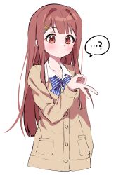 ...? 1girl absurdres blue_bow blush bow brown_cardigan brown_eyes brown_hair cardigan chobi_(penguin_paradise) closed_mouth collared_shirt cropped_torso diagonal-striped_bow gyaru_v hair_intakes hair_ornament hairclip hand_up highres idolmaster idolmaster_million_live! long_hair school_uniform shirt simple_background solo tanaka_kotoha upper_body v very_long_hair white_background white_shirt x_hair_ornament