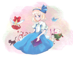 1girl alice&#039;s_adventures_in_wonderland alice_margatroid alice_margatroid_(pc-98) bird blonde_hair blue_eyes blue_hairband book bow card cat child fairy_wings female_focus hair_bow hairband holding holding_book humpty_dumpty k.k._(kekkai_sensen) kk looking_away mystic_square parody puffy_sleeves shanghai_doll short_hair short_sleeves sitting skirt smile solo suspenders touhou touhou_(pc-98) white_rabbit_(alice_in_wonderland) wings