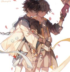 1girl 2boys aged_down animal_print artist_name belt black_coat black_gloves black_hair black_shirt black_shorts blue_belt blue_eyes bow caelus_(honkai:_star_rail) cat_print charm_(object) child chinese_clothes closed_mouth coat collared_shirt cowboy_shot dan_heng_(honkai:_star_rail) dan_heng_(hunt)_(honkai:_star_rail) fingerless_gloves fuyu_(xiaodongd2333) gloves grey_hair grey_shorts hair_between_eyes half-closed_eyes hand_up highres holding_hands honkai:_star_rail honkai_(series) hood hooded_coat hug hug_from_behind kafka_(honkai:_star_rail) lapels long_sleeves looking_at_another male_focus multiple_boys open_clothes open_coat petals pom-pom_(honkai:_star_rail) purple_gloves shirt short_hair shorts standing t-shirt tassel teeth trailblazer_(honkai:_star_rail) two-sided_coat two-sided_fabric white_coat white_shirt yaoi yellow_bow yellow_coat yellow_eyes