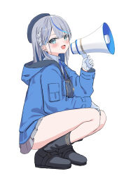 1girl absurdres amagai_ruka aqua_hair ara1e blue_eyes blue_hair blush boots braid dress_shirt ear_piercing gloves grey_hair hat highres jacket long_hair looking_at_viewer megaphone multicolored_hair open_mouth piercing shirt single_braid skirt smile solo squatting streaked_hair weather_planet white_gloves