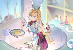 Rule 34 | 1girl, ahoge, apron, blonde hair, blue eyes, blush, bow, chef hat, cowboy shot, escoffier (genshin impact), fork hair ornament, genshin impact, hat, heart, heart in eye, highres, holding, holding ladle, holding plate, ladle, long hair, plate, ranersha1, smile, solo, standing, symbol in eye, white apron, wrist cuffs