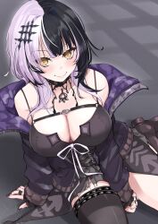 1girl arm_support belt between_legs black_belt black_boots black_choker black_dress black_hair black_jacket black_nails black_thighhighs blush boots breasts chest_belt choker cleavage closed_mouth dress fingernails grey_hair hair_ornament hashtag-only_commentary highres hololive hololive_english jacket jewelry kuro_(be_ok) large_breasts long_fingernails long_hair long_sleeves looking_at_viewer multicolored_hair nail_polish open_clothes open_jacket pendant_choker ring shiori_novella shiori_novella_(1st_costume) sitting sleeveless sleeveless_dress smile solo split-color_hair thighhighs two-tone_hair virtual_youtuber yellow_eyes