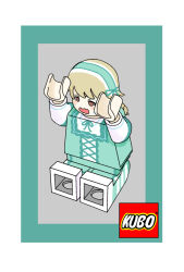 Rule 34 | @ @, bakemono seinen, blonde hair, blush, border, brand name imitation, brown eyes, dress, frilled dress, frills, green border, green dress, green hairband, grey background, hairband, idolmaster, idolmaster cinderella girls, lego, lego minifig, logo parody, lolita hairband, low twintails, medium hair, morikubo nono, objectification, open mouth, shirt, sweatdrop, the lego group, twintails, white border, white shirt