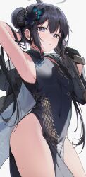 Rule 34 | 1girl, armpits, black dress, black eyes, black gloves, black hair, blue archive, blush, breasts, butterfly hair ornament, china dress, chinese clothes, closed mouth, commentary, covered navel, cowboy shot, cs/ls06, double bun, dragon print, dress, gloves, grey halo, gun, hair between eyes, hair bun, hair ornament, halo, helical magazine, high-capacity magazine, highres, holding, holding gun, holding weapon, kisaki (blue archive), long hair, looking at viewer, re0n, revision, sideboob, simple background, small breasts, solo, submachine gun, suppressor, thighs, twintails, weapon, white background