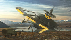 2others absurdres armald0 backpack bag commentary concept_art day film_grain highres landscape motor_vehicle multiple_others original outdoors scenery truck ufo wide_sleeves