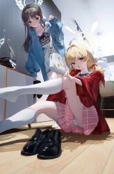 2girls absurdres adjusting_clothes adjusting_legwear ahoge airi_(band)_(blue_archive) airi_(blue_archive) bag black_eyes black_hair blonde_hair blue_archive blue_jacket commentary dingding_(chongsangjun) duffel_bag hair_intakes halo highres jacket kneehighs leaning_forward loafers long_sleeves looking_at_viewer low_twintails multiple_girls official_alternate_costume open_clothes open_jacket open_mouth panties pink_skirt pink_stripes pleated_skirt puffy_long_sleeves puffy_sleeves red_jacket shirt shoes skirt socks striped_clothes striped_panties twintails underwear unworn_shoes v-shaped_eyebrows white_bag white_halo white_panties white_shirt white_skirt white_socks wide_sleeves wooden_floor yellow_halo yoshimi_(band)_(blue_archive) yoshimi_(blue_archive)