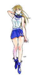 1girl 203wolves arm_behind_head arm_up armpits bare_arms bare_legs bare_shoulders belt black_shirt blonde_hair blue_boots blue_skirt boots duel_academy_uniform_(yu-gi-oh!_gx) full_body hair_between_eyes highres jacket legs long_hair miniskirt parted_lips shirt signature simple_background skirt sleeveless sleeveless_jacket solo standing straight_hair tenjouin_asuka turtleneck turtleneck_shirt white_background white_jacket yellow_eyes yu-gi-oh! yu-gi-oh!_gx
