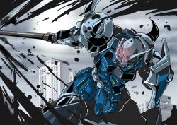Rule 34 | absurdres, glowing, glowing eye, gouf custom, gundam, gundam 08th ms team, highres, holding, holding sword, holding weapon, looking to the side, mecha, mobile suit, niidan, no humans, one-eyed, pink eyes, robot, science fiction, shield, slashing, solo, sword, weapon, zeon
