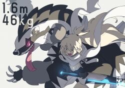 1girl black_gloves black_jacket black_kimono blonde_hair breasts claw_pose claws cleavage color_coordination colored_sclera fate/grand_order fate_(series) gen_8_pokemon gloves height_connection holding holding_sword holding_weapon jacket japanese_clothes kimono long_hair nintendo obstagoon okita_j._souji_(fate) okita_j._souji_(second_ascension)_(fate) okita_souji_(fate) open_mouth pink_sclera pokemon pokemon_(creature) ponytail scarf sword teria_(teriarian) tongue tongue_out weapon weight_connection white_scarf yellow_eyes