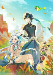 1boy 2girls ajaw_(genshin_impact) arm_support baggy_pants bandana black_shirt blue_hair blue_hairband blue_headband blue_sky body_markings braid chinchilla_ears cliff closed_mouth commentary cooccocoocco crossed_bangs crossed_legs diamond-shaped_pupils diamond_(shape) falling_leaves fingerless_gloves fur-trimmed_mittens fur_trim genshin_impact gloves green_bandana green_eyes green_headband hairband hand_on_own_hip hawaiian_clothes headband highres kachina_(genshin_impact) kinich_(genshin_impact) large_earrings leaf light_blue_hair long_hair looking_at_viewer looking_to_the_side low_twin_braids mittens mualani_(genshin_impact) multicolored_gloves multiple_girls open_mouth outdoors pants plant red_eyes scenery shirt sitting sky spiked_ear_piercing standing stomach symbol-only_commentary symbol-shaped_pupils tan thighs twin_braids visor_cap zipper zipper_pull_tab
