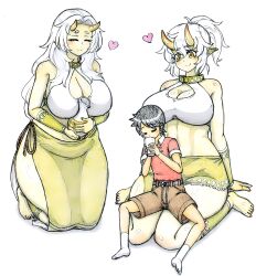 1boy 2girls absurdres age_difference breasts cleavage highres huge_breasts large_breasts multiple_girls onee-shota oni p.man@rakugakiya shota