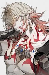 1boy armlet bare_pectorals black_coat blonde_hair blood blood_from_mouth braid chest_tattoo clawed_gauntlets coat earrings facial_tattoo gold_armlet gold_earrings gold_necklace gradient_hair hair_between_eyes hand_on_own_face hashtag-only_commentary highres honkai:_star_rail honkai_(series) jewelry looking_at_viewer male_focus medium_hair multicolored_hair mydei_(honkai:_star_rail) necklace nong_345 open_clothes open_coat pectorals red_hair red_tattoo side_braid simple_background solo tattoo twitter_username upper_body white_background wiping_blood yellow_eyes