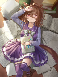 1girl agnes_tachyon_(umamusume) ahoge animal_ears arm_up blush book book_stack bow brown_hair brown_shoes chemical_structure closed_mouth commentary_request crea_tiramisu earrings foot_out_of_frame graph hair_between_eyes highres horse_ears horse_girl horse_tail jewelry loafers lying messy_hair notebook on_back on_ground open_book pie_chart purple_serafuku purple_shirt purple_skirt purple_thighhighs red_eyes sailor_collar school_uniform serafuku shirt shoes short_hair single_earring skirt solo tail thighhighs tracen_school_uniform umamusume white_bow winter_uniform