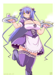 1girl alternate_breast_size alternate_costume apron barasuishou blush boots breasts cleavage cleavage_cutout closed_mouth clothing_cutout commentary_request crystal dress enmaided expressionless flower flower_eyepatch foot_out_of_frame frilled_apron frilled_thighhighs frills green_background highres holding holding_tray huge_breasts itini-sanshi large_breasts long_hair looking_at_viewer maid maid_headdress purple_boots purple_dress purple_flower purple_rose purple_thighhighs rose rozen_maiden solo standing standing_on_one_leg thighhighs tray two-tone_background very_long_hair waist_apron white_apron white_background yellow_eyes