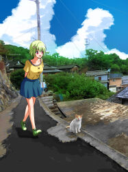 Rule 34 | 1girl, :d, alternate costume, arms behind back, blue skirt, blue sky, breasts, casual, cat, cloud, collarbone, commentary request, crocodile hair ornament, cross-laced shoes, cumulonimbus cloud, day, full body, gomasho asuka, green hair, green shoes, hair between eyes, highres, large breasts, light blush, looking at animal, looking down, no socks, nomura miki, open mouth, outdoors, photo background, red eyes, road, shirt, shoes, short hair, short sleeves, skirt, sky, smile, sneakers, solo, summer pockets, tareme, twitter username, walking, white cat, yellow shirt