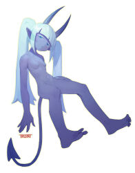 1girl blue_eyes blue_hair blue_skin breasts collarbone colored_eyelashes colored_skin completely_nude demon_girl demon_horns demon_tail full_body gamza half-closed_eyes hand_on_own_thigh head_tilt highres horns long_hair navel no_nipples nude original photoshop_(medium) pointy_ears small_breasts solo tail twintails very_long_hair