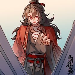 1boy artist_request bandaged_chest bandaged_neck bandages black_hair black_hanfu brown_hair chinese_clothes chinese_commentary chinese_text coat commission dao_gui_yi_xian fang gradient_background hair_between_eyes hair_bun hair_ribbon half_updo hand_up hanfu highres li_huowang long_hair long_sleeves looking_at_viewer male_focus open_mouth red_coat red_eyes red_ribbon red_sash ribbon robe sash second-party_source simple_background single_hair_bun solo sweatdrop teeth v-shaped_eyebrows white_background wide_sleeves