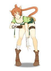 1girl absurdres animal_ears bell belt belt_pouch bent_over boots breasts brown_belt cat_ears cat_girl cat_tail choker cleavage facial_mark fire_emblem fire_emblem:_path_of_radiance fire_emblem:_radiant_dawn green_choker green_shorts hand_guard highres kaerujj laguz_(fire_emblem) leaning_forward leg_wrap lethe_(fire_emblem) nintendo open_mouth orange_hair orange_tail pouch purple_eyes short_hair shorts side_slit side_slit_shorts small_breasts solo tail thigh_belt thigh_strap thighs whisker_markings white_background wrist_wrap