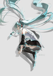 1girl absurdres aqua_eyes aqua_hair bare_shoulders black_boots black_skirt black_sleeves boots detached_sleeves drop_shadow floating_hair from_side full_body grey_shirt hair_between_eyes hair_floating_upwards hatsune_miku highres hxbdzj long_hair looking_at_viewer pleated_skirt profile shirt shoe_soles skirt sleeveless sleeveless_shirt solo thigh_boots twintails very_long_hair vocaloid