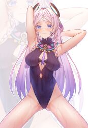 1girl absurdres armpits arms_behind_head arms_up black_bra blue_eyes blush bra breasts citlali_(genshin_impact) closed_mouth collar commentary covered_navel facial_mark feathers floating_headgear forehead_mark genshin_impact headgear highres large_breasts leotard looking_at_viewer mack_(13mcqn) medium_hair necktie pink_feathers pink_hair pink_pupils purple_collar purple_feathers purple_leotard purple_necktie ribbed_leotard ring_hair_ornament solo sweat thighs triangle triangle_facial_mark underwear usekh_collar white_background zoom_layer