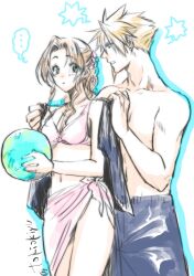 Rule 34 | ..., 1boy, 1girl, aerial fireworks, alternate costume, aqua eyes, arm around shoulder, ball, beachball, bikini, black male underwear, blonde hair, braid, braided ponytail, breasts, brown hair, choker, cleavage, cloud strife, couple, cowboy shot, earrings, final fantasy, final fantasy vii, final fantasy vii rebirth, final fantasy vii remake, fireworks, flower, flower choker, green eyes, hair between eyes, hair flower, hair ornament, hetero, highres, holding, holding ball, holding beachball, jacket, jacket on shoulders, jewelry, light blush, long hair, male underwear, medium breasts, midriff, parted bangs, parted lips, pink bikini, pink sarong, sarong, short hair, side slit, sidelocks, single braid, single earring, spiked hair, swimsuit, tokiokiyu, topless male, twintails, underwear, white background
