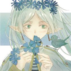 1girl bird blue_flower elf flower frieren gensou_getsumen_rt hair_flower hair_ornament on_shoulder petal_in_mouth pointy_ears solo sousou_no_frieren straight-on twintails white_hair