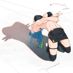 1girl aotsuki_remia artist_name black_bra black_skirt black_thighhighs blue_hair bra breasts green_hair highres large_breasts multicolored_hair pace_argonaut_(artist) ponytail shadow skirt solo thighhighs two-tone_hair underwear vspo! vspo!_en white_background