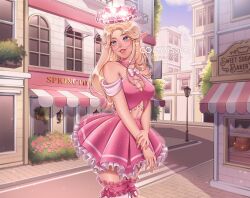 1girl :d aegyo_sal artist_name bad_perspective bakery bare_shoulders blonde_hair bow bowtie breasts building bush cake choker cleavage commentary commission cowboy_shot cross-laced_clothes cross-laced_top dear_dollie earrings english_commentary english_text food frilled_thighhighs frills glasses grin halo hand_on_own_arm highres jewelry lamppost light_particles long_hair looking_ahead marellowe medium_breasts midriff miniskirt off-shoulder_shirt off_shoulder open_mouth outdoors petticoat pink-framed_eyewear pink_choker pink_halo pink_ribbon pink_shirt pink_skirt player_character_(roblox) pleated_skirt pointy_ears red_lips ribbon ribbon-trimmed_thighhighs ribbon_trim road roblox round_eyewear royale_high shirt shop sidewalk skirt smile solo sparkle standing street thighhighs turning_head white_bow white_bowtie white_thighhighs window zettai_ryouiki