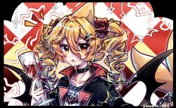 1girl alcohol bat_wings bilibili_385617619 black_choker black_coat blonde_hair chain chinese_commentary choker coat commentary_request cup doodle_inset drill_hair drinking_glass fang fins fish_tail flower gem goth_fashion hair_between_eyes hair_flower hair_ornament hairclip heterochromia highres holding holding_cup indie_virtual_youtuber kaofish long_bangs long_hair looking_at_viewer open_mouth patterned_background red_eyes red_flower red_rose red_wine rose shark_tail signature solo tail twin_drills upper_body wine wine_glass wings yellow_eyes