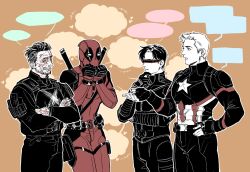 4boys belt blank_speech_bubble bodysuit captain_america captain_america:_civil_war captain_america_(series) crossbones_(marvel) crossed_arms cyclops_(x-men) deadpool deadpool_(series) facial_hair fingerless_gloves gloves hashtag-only_commentary heart highres katana looking_at_another male_focus marvel marvel_cinematic_universe multiple_boys muscular muscular_male pectorals perooooo240806 red_bodysuit red_mask scar scar_on_face short_hair smile speech_bubble star_(symbol) steve_rogers superhero_costume sword sword_on_back talking teeth weapon weapon_on_back x-men x-men_film_series