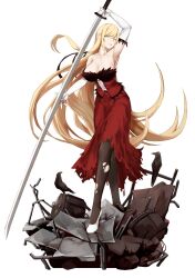 1girl armpits bird black_pantyhose black_ribbon blonde_hair breasts chinese_commentary cleavage commentary_request crow dress elbow_gloves faux_figurine feather-trimmed_dress feather-trimmed_gloves floating_hair gloves hair_ribbon highres holding holding_sword holding_weapon huge_weapon katana kiss-shot_acerola-orion_heart-under-blade kizumonogatari kokorowatari large_breasts long_hair looking_at_viewer monogatari_(series) oshino_shinobu oshino_yeye pantyhose pointy_ears red_dress ribbon shoes simple_background solo standing strapless strapless_dress sword torn_clothes torn_dress torn_pantyhose very_long_hair weapon white_background white_gloves white_shoes yellow_eyes