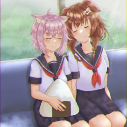 2girls animal_ears bone_hair_ornament braid brown_hair cat_ears cat_girl chromatic_aberration dog_ears dog_girl closed_eyes food hair_ornament highres hololive inugami_korone multiple_girls nekomata_okayu nikahoshikuzu onigiri pink_hair school_uniform serafuku sitting smile train_interior twin_braids virtual_youtuber window
