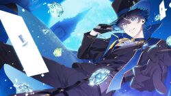 1boy black_gloves black_hat black_jacket black_pants blue_eyes blue_hair blue_shirt blue_theme card clock clock_tower earclip first_stage_production gem gloves hat highres holding jacket kaitou_saphir looking_at_viewer male_focus monocle multicolored_hair official_art pants playing_card shirt solo streaked_hair suit_jacket sumeragi_kohaku teeth top_hat tower virtual_youtuber white_hair