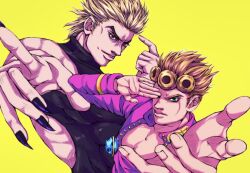 2boys black_nails blonde_hair father_and_son fingernails giorno_giovanna green_eyes highres jojo_no_kimyou_na_bouken jojo_pose ladybug_ornament male_focus multiple_boys pectoral_cleavage pectorals pointing pointing_at_self red_eyes ruushii_(lucy_steel6969) sharp_fingernails sleeveless sleeveless_turtleneck stardust_crusaders time_paradox turtleneck vento_aureo wing_ornament yellow_background