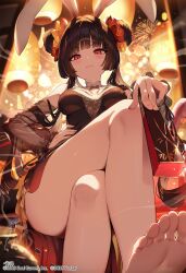 1girl :3 animal_ears bare_legs barefoot black_hair blunt_bangs blush breasts commentary_request copyright_name crossed_legs detached_sleeves double_bun feet fingernails fireworks folded_fan folding_fan foot_focus foreshortening from_below hair_bun hand_fan hand_on_own_hip highres holding holding_fan kaguyahime_(mahjong_soul) kat_(bu-kunn) lantern long_hair long_sleeves looking_at_viewer mahjong_soul medium_breasts paper_lantern pov pov_legs presenting_foot rabbit_ears red_eyes see-through_clothes see-through_sleeves short_hair_with_long_locks sidelocks sitting smile soles solo toes