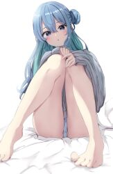 1girl barefoot blue_eyes blue_hair blue_panties blush chestnut_mouth double-parted_bangs grey_sweater hair_between_eyes hair_bun hands_on_own_knees head_tilt hololive hoshimachi_suisei legs_up long_hair long_sleeves looking_at_viewer one_side_up panties sasai_tuki single_hair_bun sitting solo star_(symbol) star_in_eye sweater symbol_in_eye thighs underwear very_long_hair virtual_youtuber