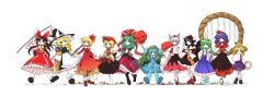 6+girls absurdres aki_minoriko aki_shizuha apron black_hair blonde_hair blue_hair boots bow brown_hair detached_sleeves dress frilled_dress frills geta grape_hat_ornament green_eyes green_hair hakurei_reimu hat highres holding holding_polearm holding_weapon inubashiri_momiji kagiyama_hina kawashiro_nitori kirisame_marisa kochiya_sanae long_hair looking_at_viewer mirror moriya_suwako mountain_of_faith multiple_girls nontraditional_miko polearm purple_hair purple_skirt red_apron red_bow red_eyes red_hat red_ribbon ribbon shameimaru_aya shirt short_hair simple_background skirt smile tokin_hat touhou weapon white_background white_hair white_shirt wide_sleeves witch_hat yasaka_kanako yoiy_san