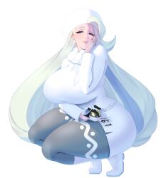 1girl arm_under_breasts artist_name belimama blue_eyes breasts curvy earrings fur_collar gloves half-closed_eyes hand_up hat highres holding holding_poke_ball huge_breasts jewelry large_breasts long_hair long_sleeves mature_female melony_(pokemon) multicolored_hair nintendo pantyhose pantyhose_under_shorts pearl_earrings plump poke_ball pokemon pokemon_swsh shorts side_slit side_slit_shorts single_glove smile solo squatting streaked_hair sweater ultra_ball ushanka white_hat white_sweater