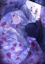 1girl black_dress breasts commentary_request curtains dress dress_over_shirt flower glass grey_hair grey_shirt highres long_hair long_sleeves motimoti067 original petals pill purple_eyes red_flower shirt sleeves_past_wrists solo window