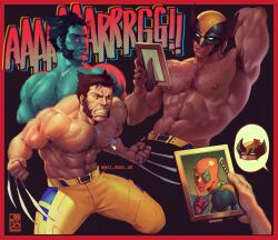 1boy abs armpit_hair armpits artist_name bara black_hair chest_hair claw_(weapon) deadpool deadpool_&amp;_wolverine highres holding holding_photo jezz_mons_art large_pectorals male_focus mask multiple_views muscular muscular_male navel nipples pants pectorals photo_(object) short_hair sideburns teeth topless_male twitter_username weapon wolverine_(x-men) yellow_pants