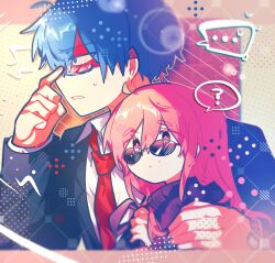 ... 1boy 1girl ? adjusting_eyewear ahoge black-framed_eyewear black_jacket black_sweater blazer blue-framed_eyewear blue_eyes blue_hair bright_pupils collared_shirt fingernails glasses halftone happy_tree_friends highres jacket lapels layered_sleeves lens_flare long_hair long_sleeves mole mole_under_eye necktie omoyu_(nakyu715) parted_lips personification pink_eyes pink_hair profile red_necktie semi-rimless_eyewear shirt short_hair simple_background sniffles_(happy_tree_friends) spoken_ellipsis spoken_question_mark sweatdrop sweater the_mole_(happy_tree_friends) turtleneck turtleneck_sweater upper_body white_pupils white_shirt