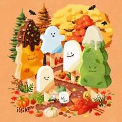 artist_name autumn autumn_leaves bat_(animal) candle candy closed_mouth fire flower food fruit ghost ghost_costume grass halloween halloween_costume ice_cream issiki_toaki jack-o&#039;-lantern leaf maple_leaf mushroom no_humans open_mouth orange_background original path pumpkin road simple_background smile tree white_flower