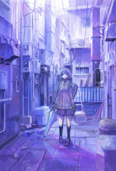 1girl alley bag black_socks blue_eyes cardigan closed_umbrella female_focus house kneehighs looking_at_viewer necktie original pleated_skirt power_lines purple_theme scenery school_bag school_uniform short_hair skirt smile socks solo sonidoriy trash_can umbrella