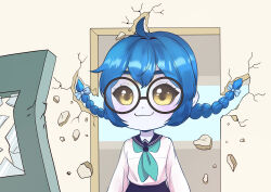 1girl :3 absurdres ahoge antlers black_sclera blue_hair blue_neckerchief blue_sailor_collar blue_skirt blush braid broken_glass classroom colored_sclera colored_skin commission deer_antlers deer_girl destruction doorway glass glasses grey_skin highres horns indie_virtual_youtuber neckerchief round_eyewear sailor_collar school_uniform serafuku shikanoko_nokonoko_koshitantan skirt socks_agency twin_braids twintails virtual_youtuber yellow_eyes yomi_quinnley